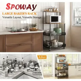 4 Tier Kitchen Baker Rack Coffee Bar Station Microwave Oven Stand Rustic Brown Storage Shelf for Spices Pots Pans Utility Organizer Freestanding