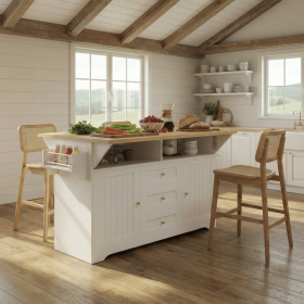 Large Kitchen Island with 2 Drop Leaf,Rolling Kitchen Cart on 5 Wheels with Power Outlet,Folding Storage Dining Table with Spice & Towel Rack