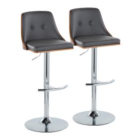 Gianna Mid-Century Modern Adjustable Barstool with Swivel in Chrome Metal, Walnut Wood and Grey Faux Leather with Rounded T Footrest by - Set of