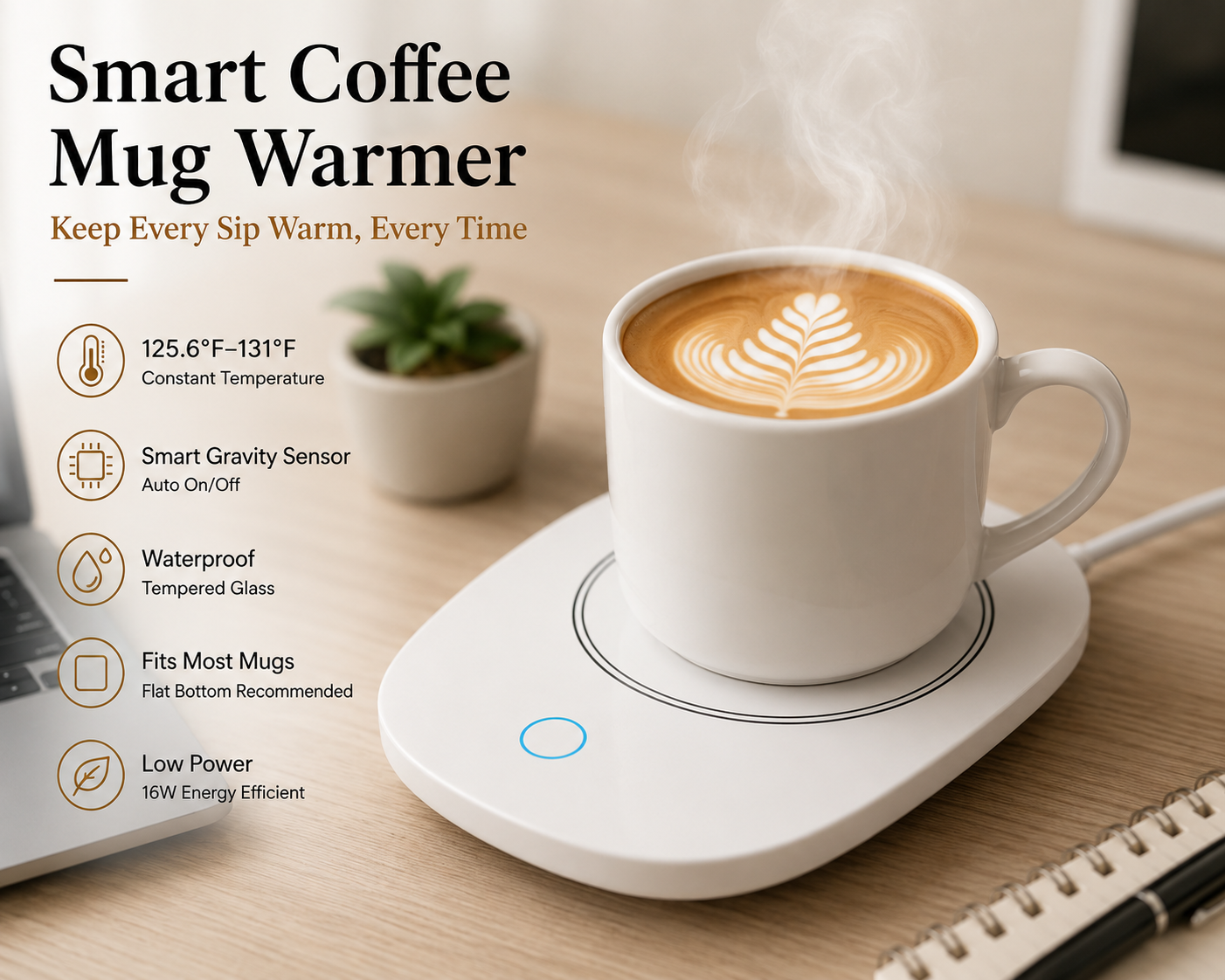 Smart Coffee Mug Warmer with Auto Gravity Sensor and Waterproof Glass Smart Coffee Mug Warmer with Auto Gravity Sensor and Waterproof Glass