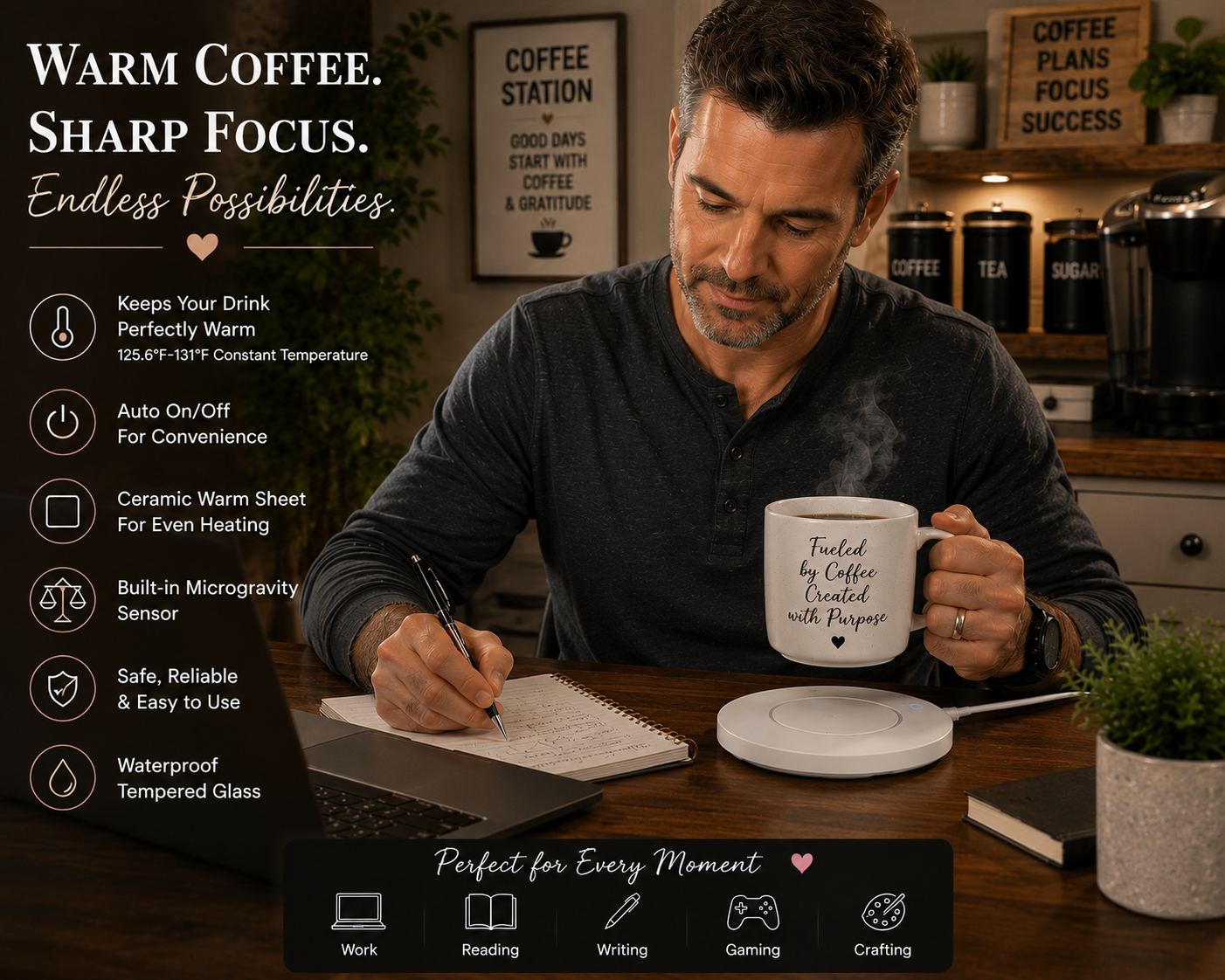 Smart Coffee Mug Warmer on Office Desk During Work Smart Coffee Mug Warmer on Office Desk During Work