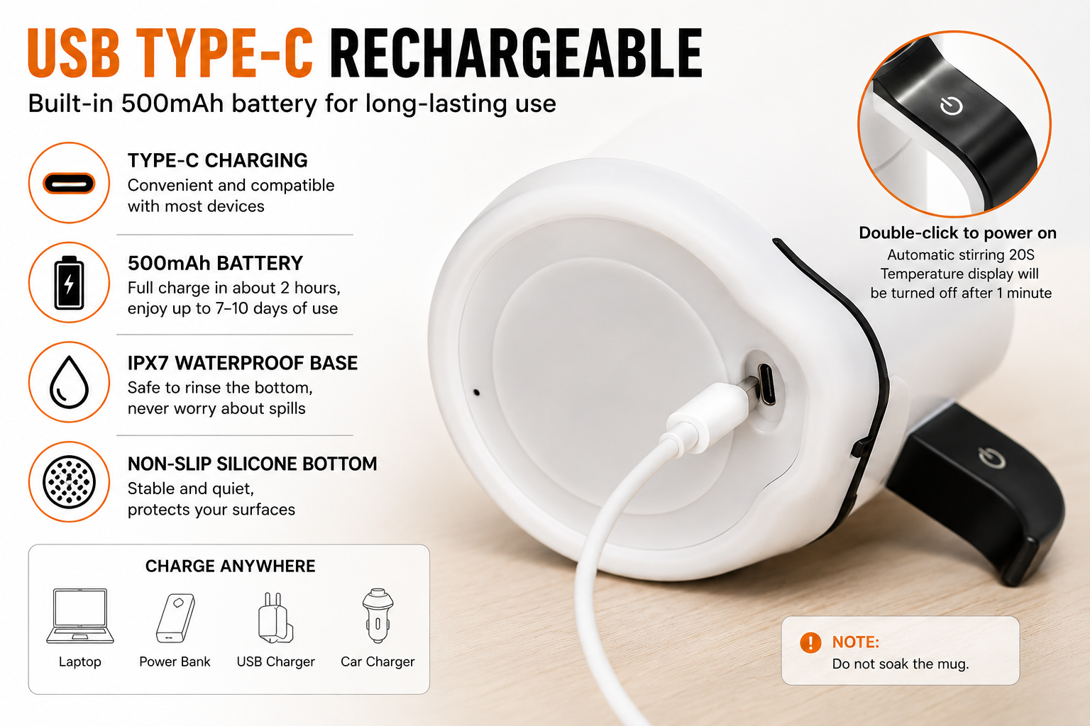 USB Type–C Rechargeable Self–Stirring Coffee Mug