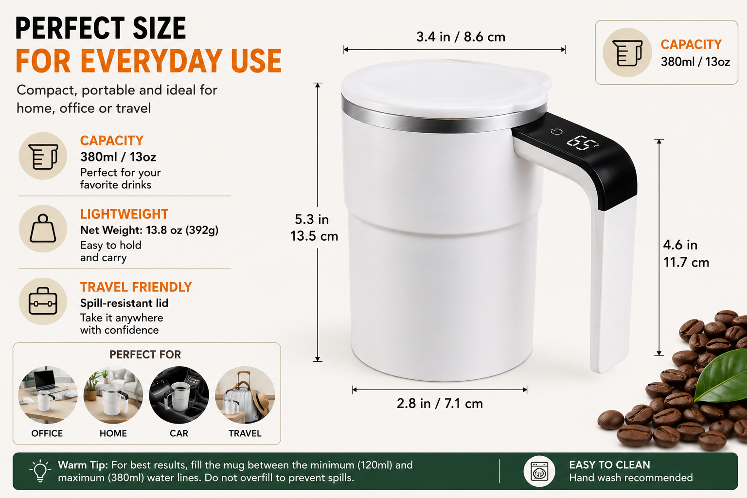 12 oz Self–Stirring Coffee Mug Dimensions